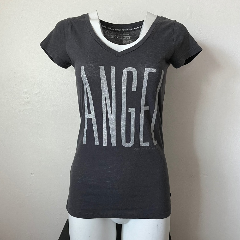 Victorias Secret Supermodel Essentials Angel Wing Glitter V-Neck T-Shirt Gray S